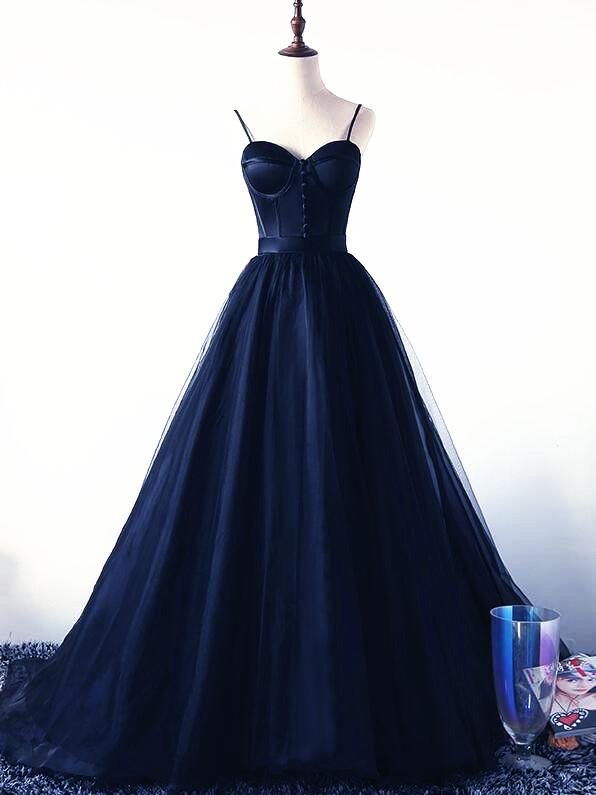 Navy Blue Tulle And Satin Straps Long Evening Party Dress, Navy Blue Prom Dress Sa1066