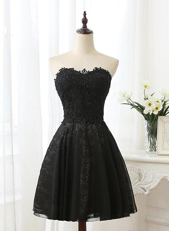 Black Sweetheart Lace And Beaded Homecoming Dress, Black Short Party Dress Sa1069