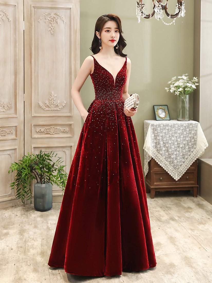 Wine Red Velvet Straps Long Evening Dress, Floor Length Style Prom Dress,evening Paty Dress Sa1070