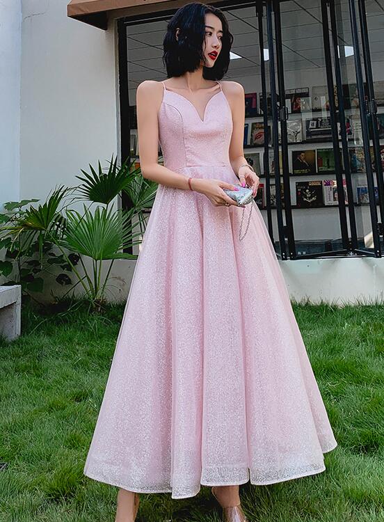 Pink V-neckline Sequins Straps Party Dress Shiny Evening Dress Prom Dress Sa1075