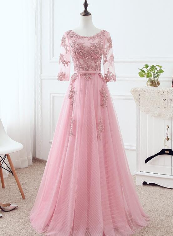 Pink Tulle Elegant Party Dress With Lace A-line Formal Dress Bridesmaid Dress Sa1078