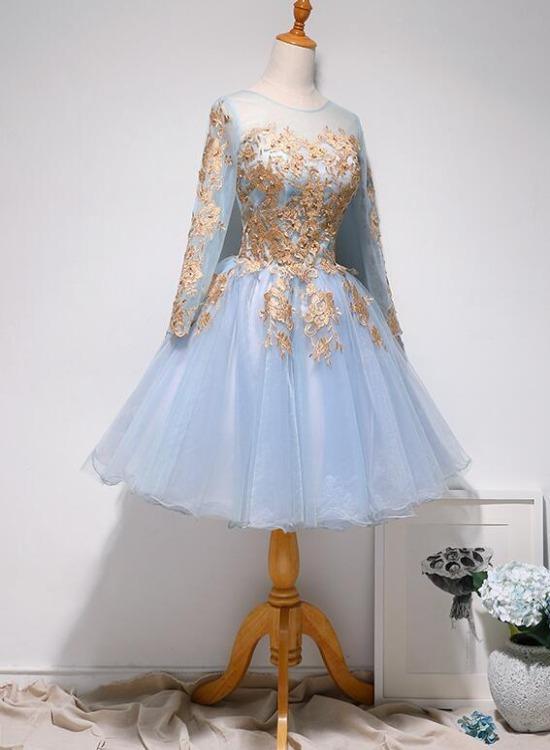Light Blue Long Sleeves With Gold Lace Cute Homecoming Dress Short Prom Dress Sa1079