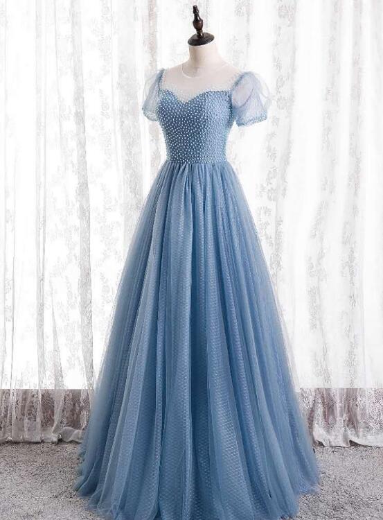 Light Blue Beaded Cap Sleeves Tulle Long Formal Dress Prom Dress Evening Gown Sa1080