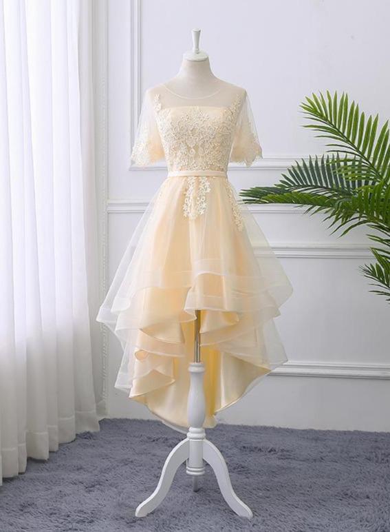 Light Champagne High Low Party Dress With Lace Applique Prom Dress Short Homecoming Dress Sa1085