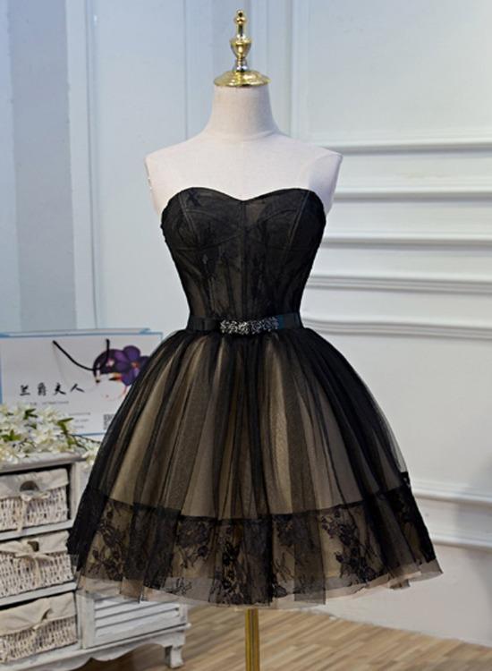 Black And Champagne Tulle Sweetheart Lace Short Party Prom Dress Homecoming Dresses Sa1086