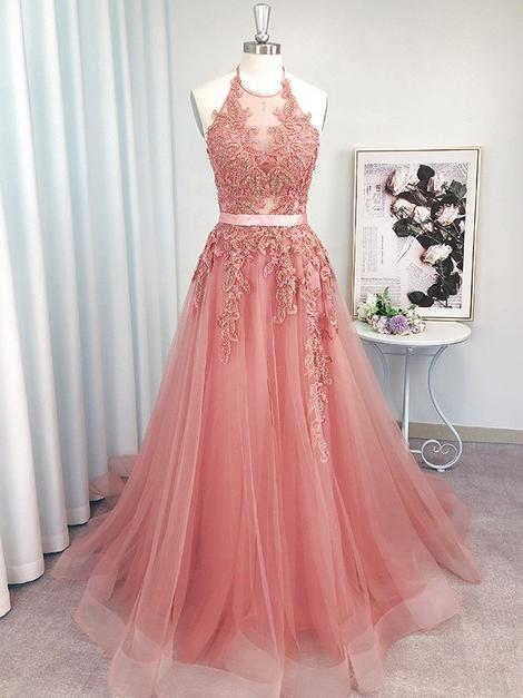 Pink Prom Dress Halter Neckline Formal Ball Dress Evening Dress Sa1105