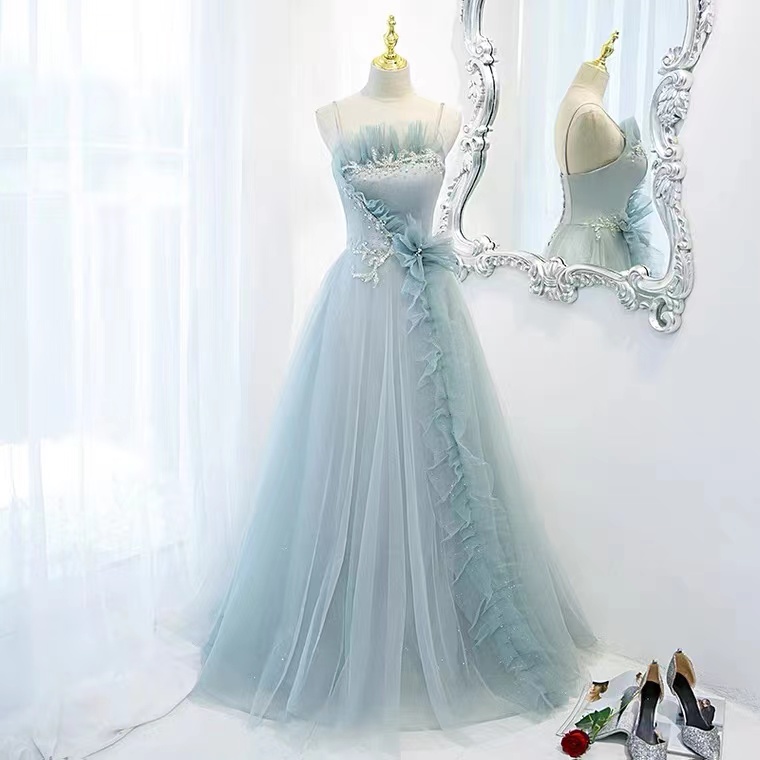 Light Blue Party Dress Sweet Prom Dress Spaghetti Strap Evening Dress Custom Made Sa1113