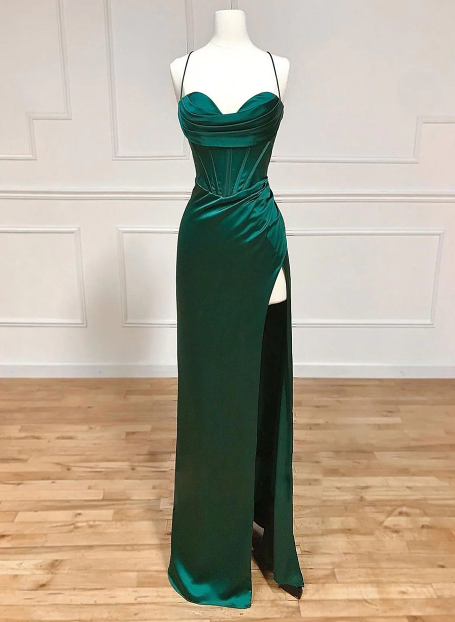 Green Satin Straps Long Evening Dress With Leg Slit Prom Dress Sa1128