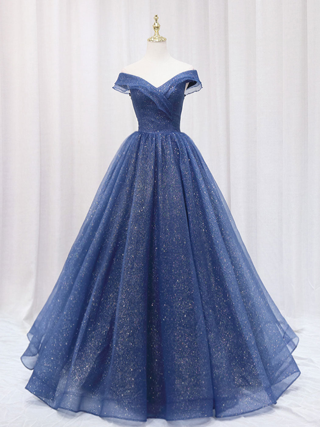 Sparkling Navy Blue Off-shoulder Evening Gown