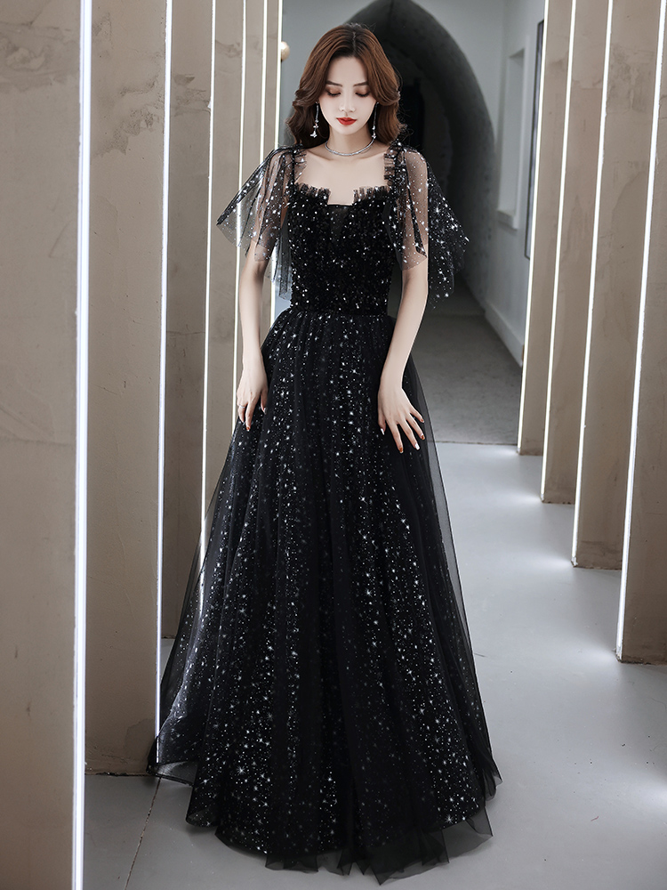 A-line Black Tulle Long Prom Dress Black Party Formal Dress Sa1135
