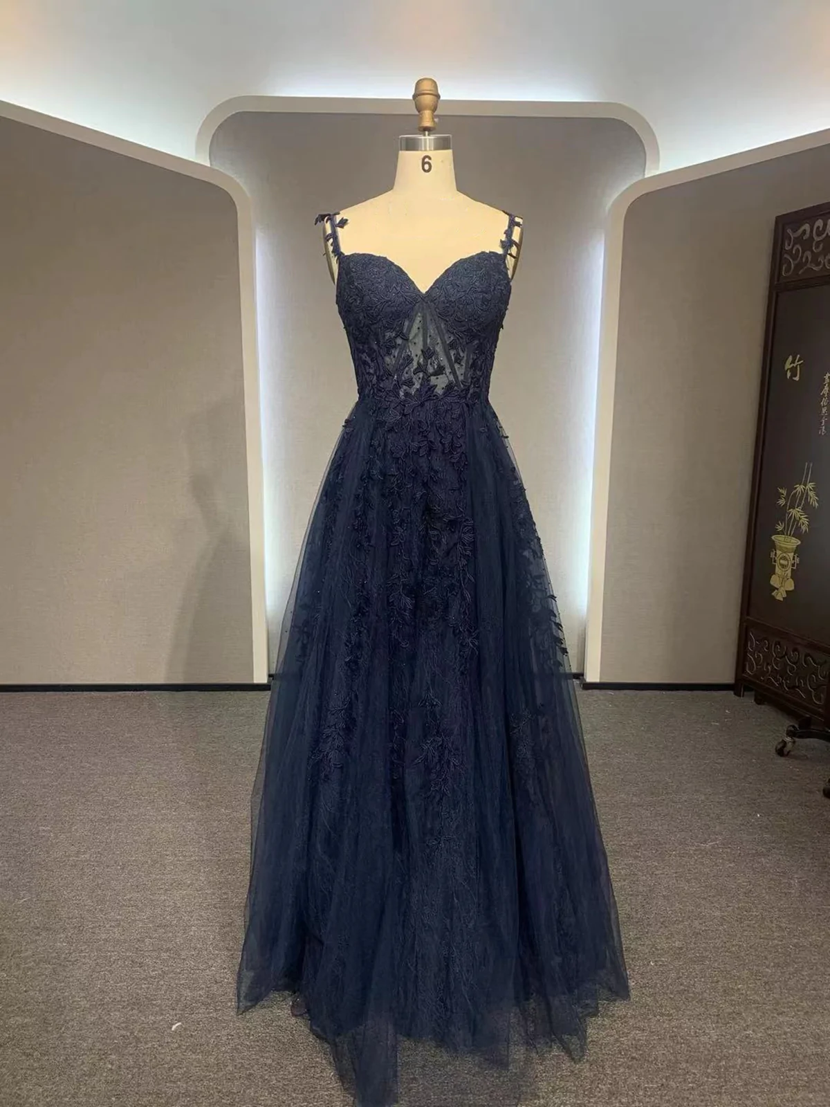 blue dress runway Two Piece 3/4 Sleeves Navy Blue Prom Dress with Royal Blue Lace PDI76 –  trendtydresses main image 1