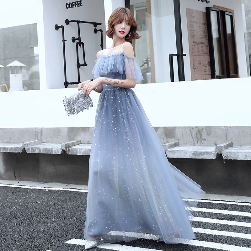 Light Blue Off Shoulder Shiny Tulle A-line Prom Dress Evening Formal Dress Sa1148