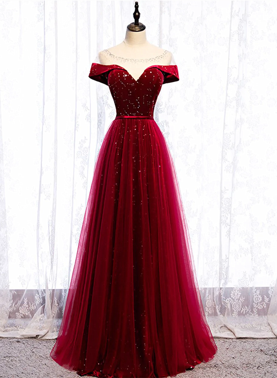 Burgundy Velvet And Tulle Long Formal Dress A-line Floor Length Prom Dress Sa1168