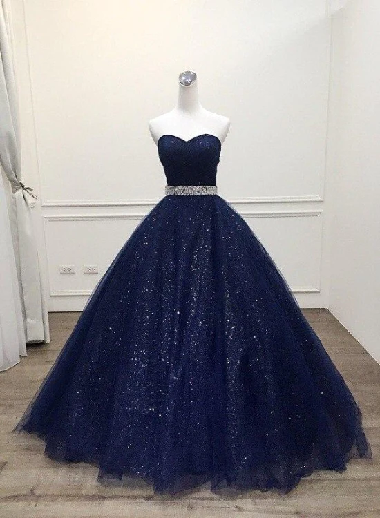 Tulle Long Sweetheart Beaded Evening Dress Blue Tulle Formal Prom Dress Sa1189