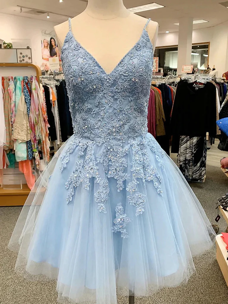 Blue Tulle V-neckline Beaded Lace Party Dress Homecoming Dress Party Formal Dress Sa1193