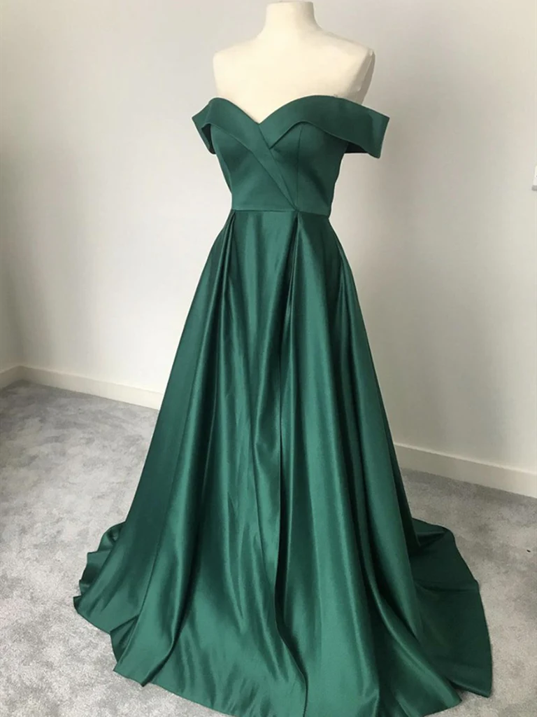emerald green off shoulder prom dress Emerald Off-shoulder Satin Slit Mermaid Custom Made Prom Dress main image 1