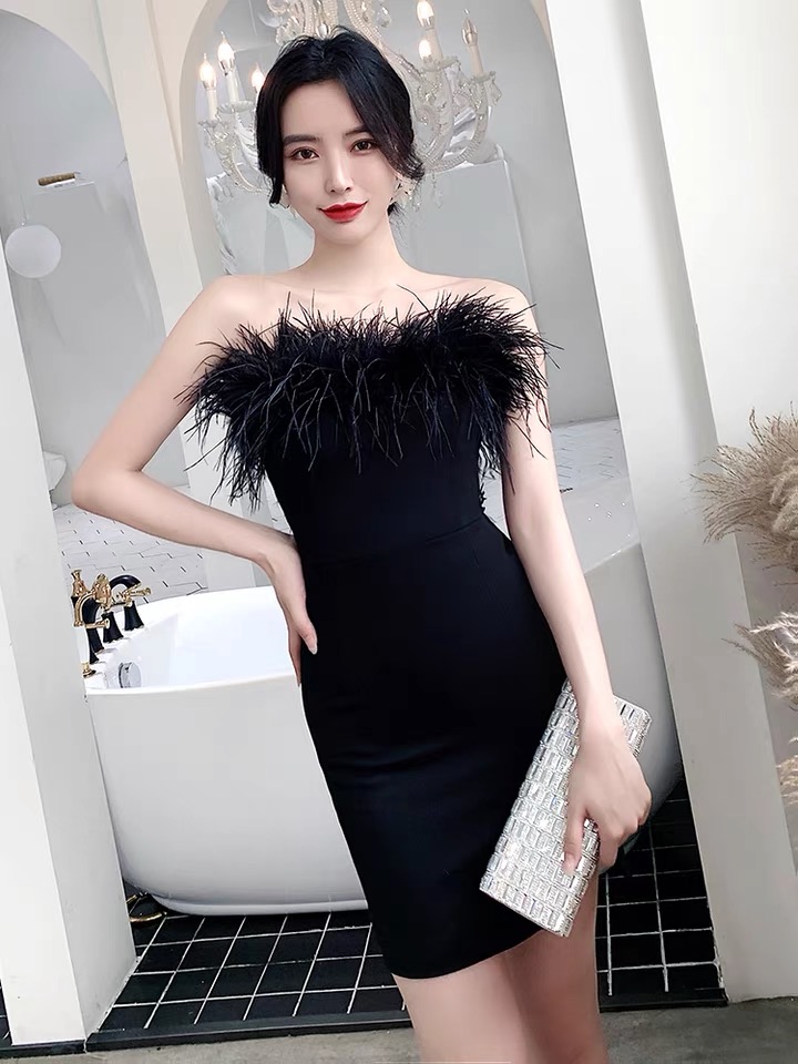 black feather bodycon dress Black Bodycon Dress with Feathers – Juniper main image 0