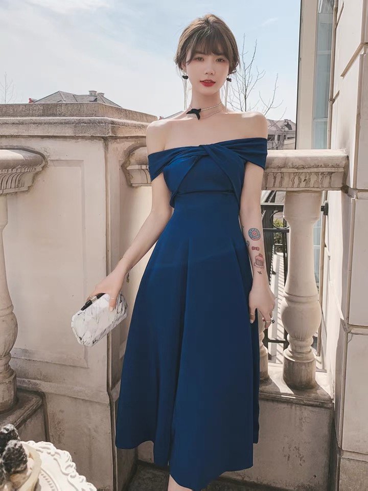 Off Shoulder Midi Dress,formal Dress, Blue Noble Little Prom Dress Sa1281
