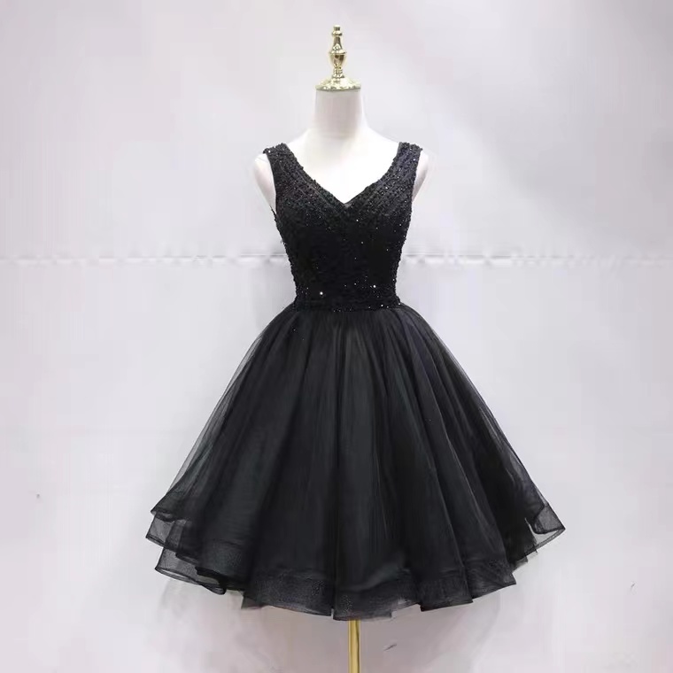 V-neck Birthday Party Evening Dress,formal Dress,black Beaded Pompous Dress Sa1283