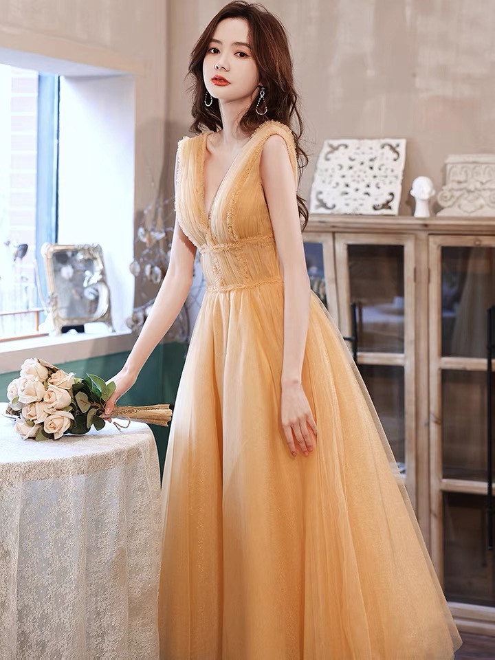 V-neck Party Dress,formal Dress, Yellow Bridesmaid Dress, Lady's Birthday Dress Sa1286