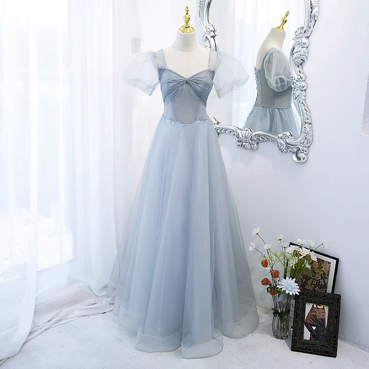 Gray Blue Evening Dress, Sweet Formal Party Dress, Bubble Sleeve Prom Dress Sa1300