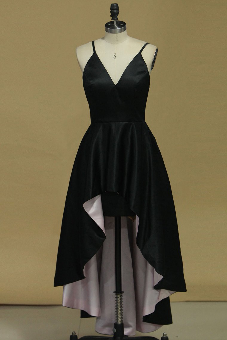 Black Satin High-low V-neck Party Dress on Luulla