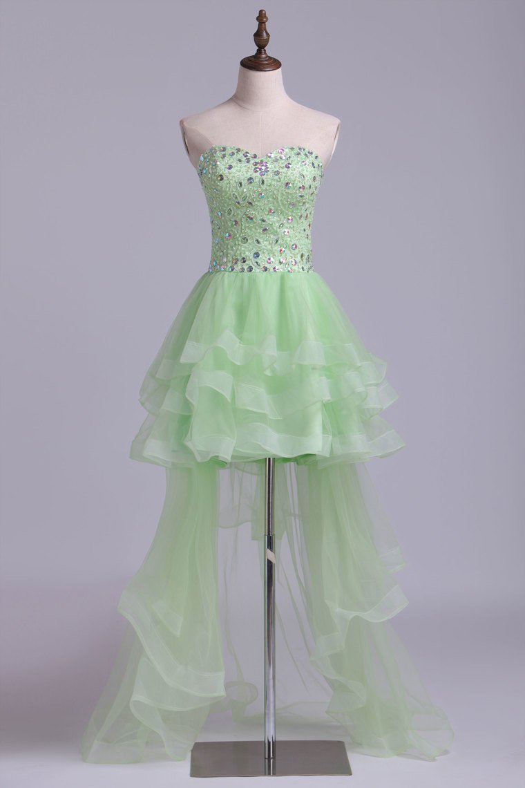 Green Sweetheart A Line High Low Prom Dress Beaded Tulle Formal Dress Sa1326