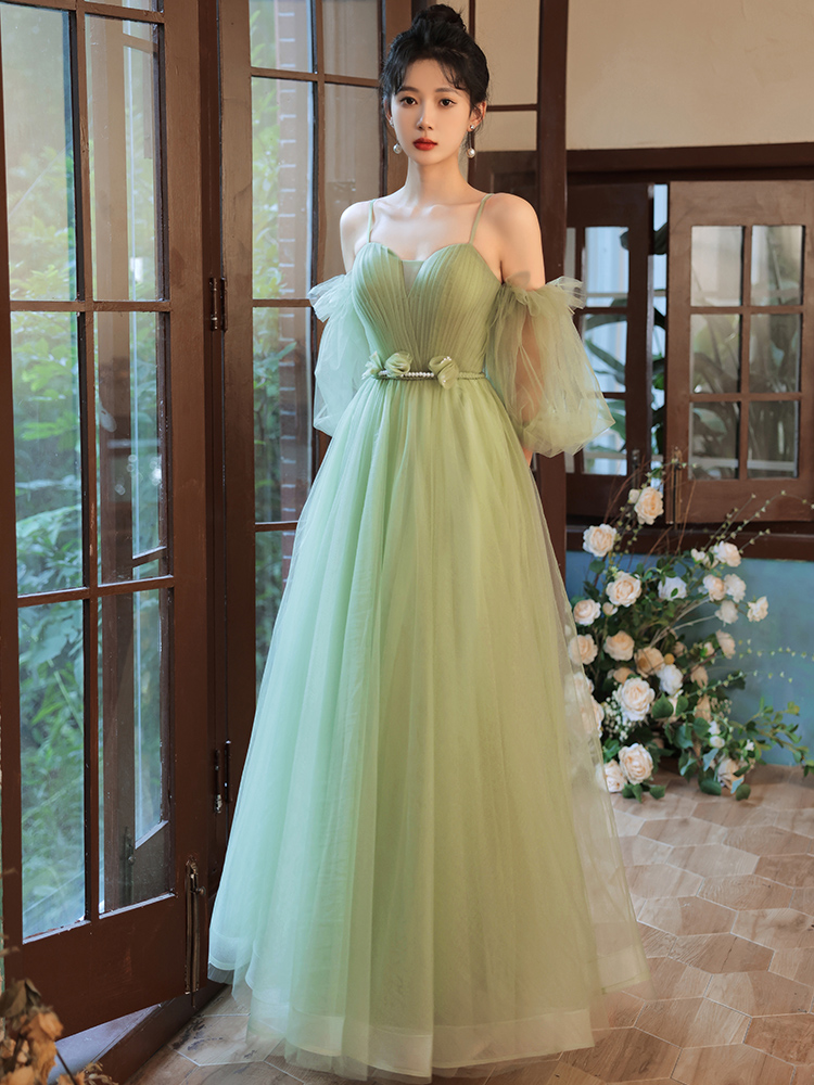 Enchanting Green Tulle Strapless Gown With Sleeves