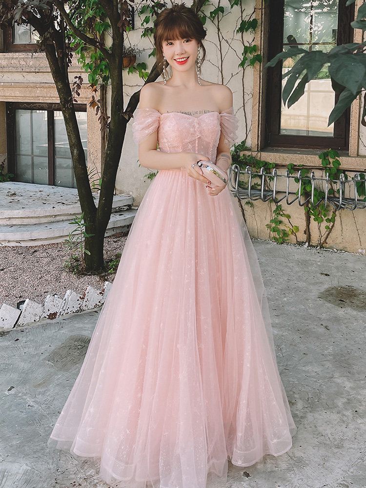 open lace back dress Pale Pink Off Shoulder Lace A-line Long Evening Prom Dresses, Cheap Sw –  SposaDresses main image 0