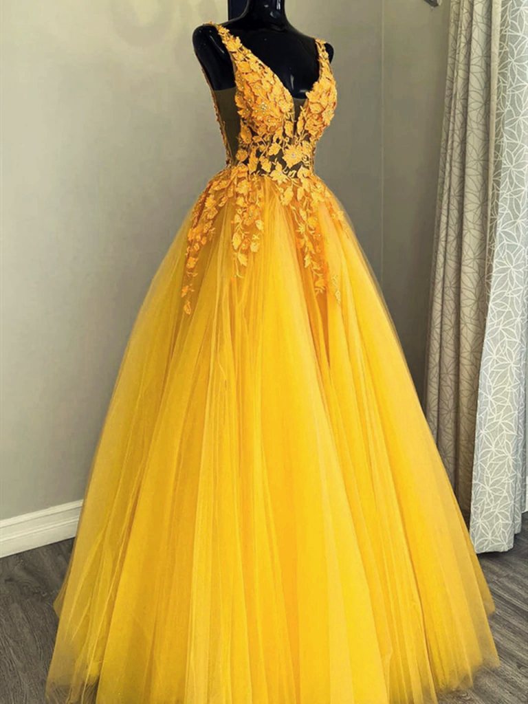 Yellow V-neck Low Back Tulle With Lace Long Party Formal Dresses, A-line Tulle Prom Dresses Sa1352