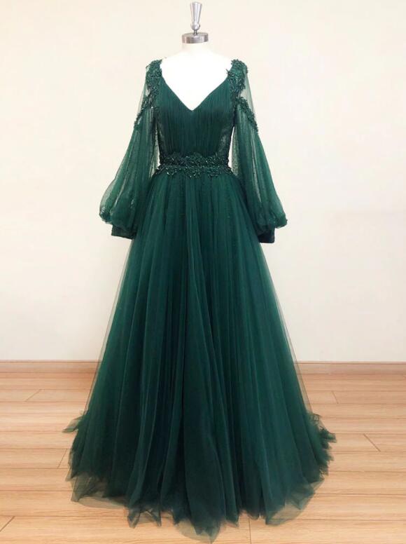 Green Tulle Long Sleeves Wedding Party Dresses Formal Dress Prom Dresses Party Dress Sa1354