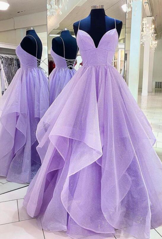Tulle Long Straps Formal Dresses,hand Made Custom Light Purple Prom Dress Party Dresses Sa1356