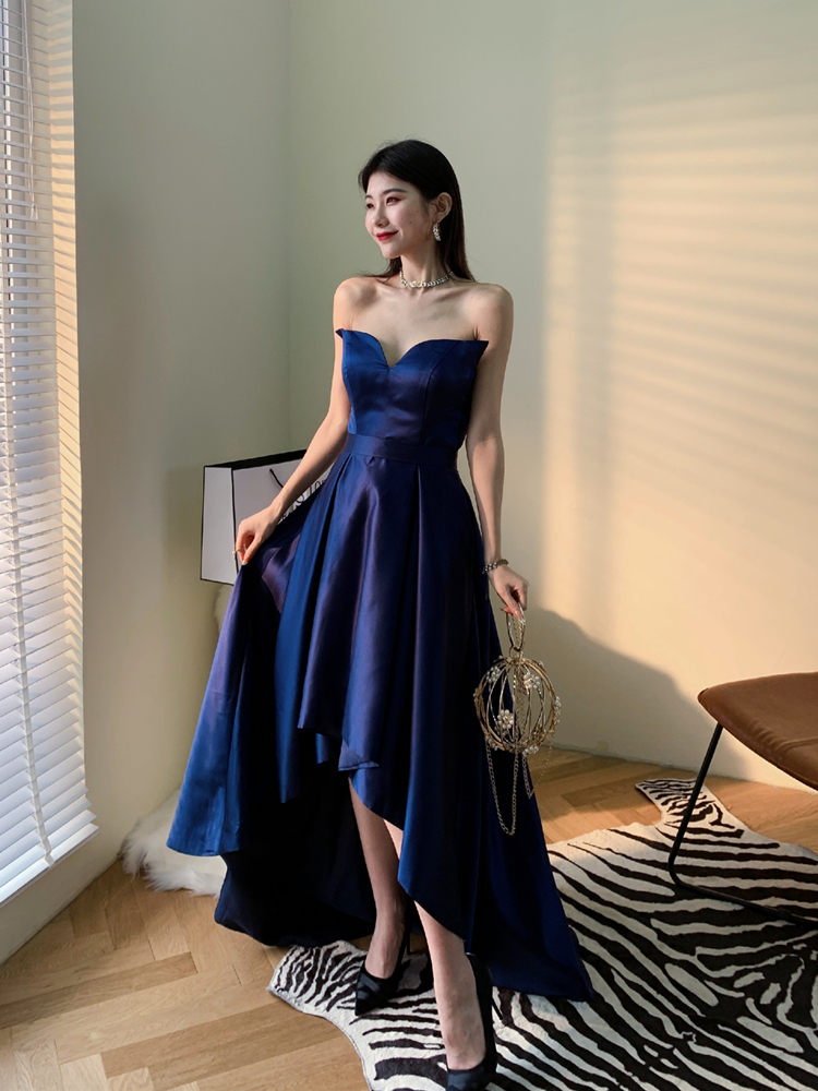 Navy Blue Satin High Low Party Dresses Prom Dress Formal Dress Evening Wedding Party Dresses Sa1361