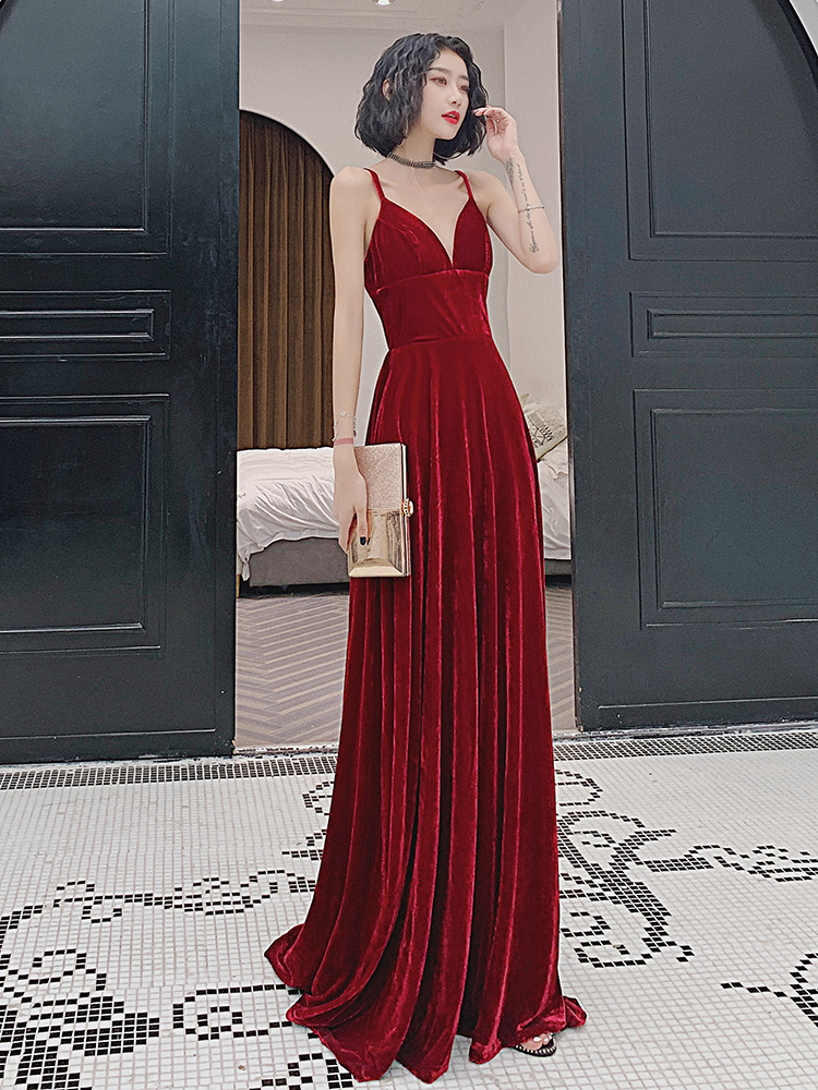 Wine Red Velvet Straps Long Evening Dress Prom Dress,formal Dress A-ine Velvet Wedding Party Dresses Sa1364