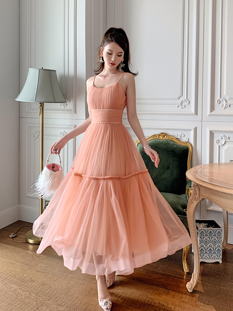 OK163 Peach Layered Sleeveless Gown for Special Occasions