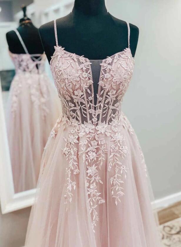 A Line V Neck Pink Tulle Lace Long Prom Dresses Open Back Formal Dresses Evening Dresses Sa1371