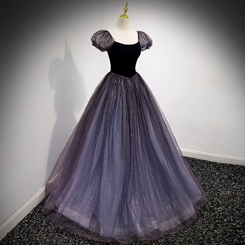 Dark Purple Shiny Tulle Short Sleeves Long Prom Dress Evening Dresses Formal Party Dresses Sa1372