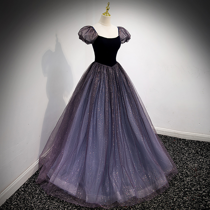Sparkling Black Tulle Gown with Puffy Sleeves
