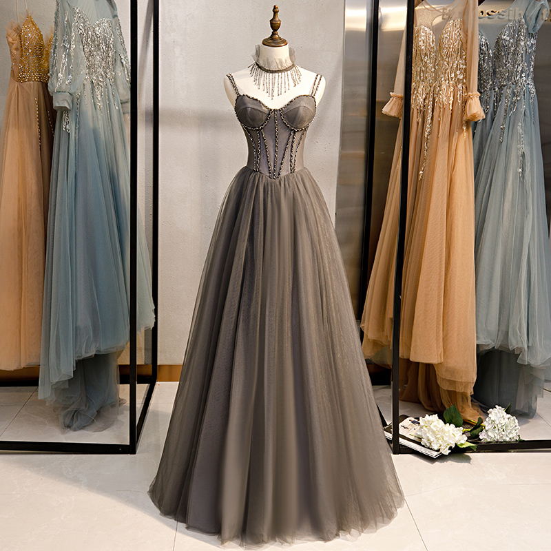 Hand Made Custom Grey Beaded Straps Tulle Long Prom Party Dress Formal Dress Evening Dress Sa1376