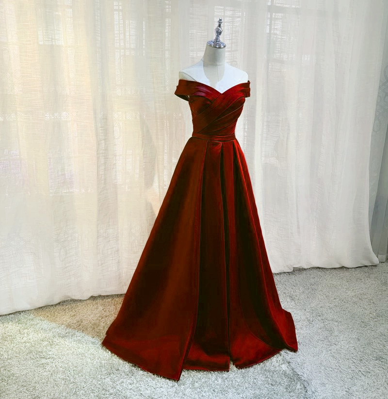 Wine Red Simple Satin Off Shoulder Evening Gown Prom Dress Dark Red Long Formal Dresses Sa1391