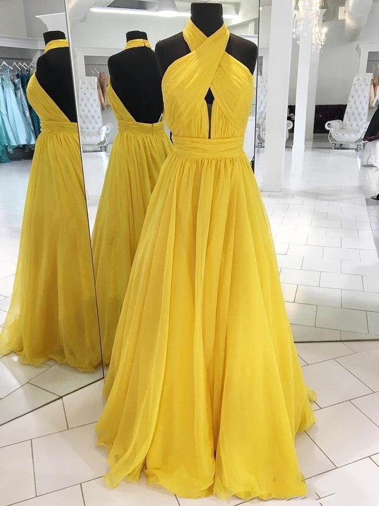 Backless Chiffon Long Prom Dresses Open Back Yellow Formal Dress Bridesmaid Dresses Sa1392
