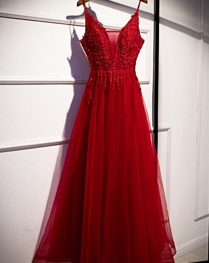 Dark Red Lace Tulle Straps Long Prom Dress Formal Dress Floor Length Evening Dress Sa1402