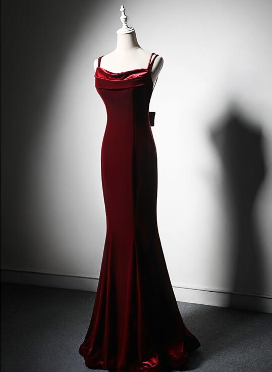Wine Red Long Velvet Straps Low Back Evening Dresses Formal Dress Prom Party Dress Sa1433