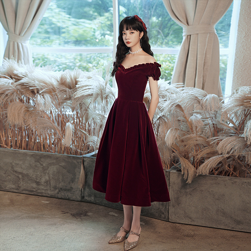 Vintage Burgundy Off-shoulder Velvet Midi Dress on Luulla