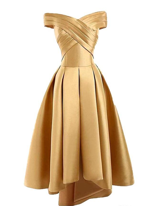 Gold Satin Off Shoulder High Low Party Dress Homecoming Dresses Formal Dress Short Prom Dress Sa1444