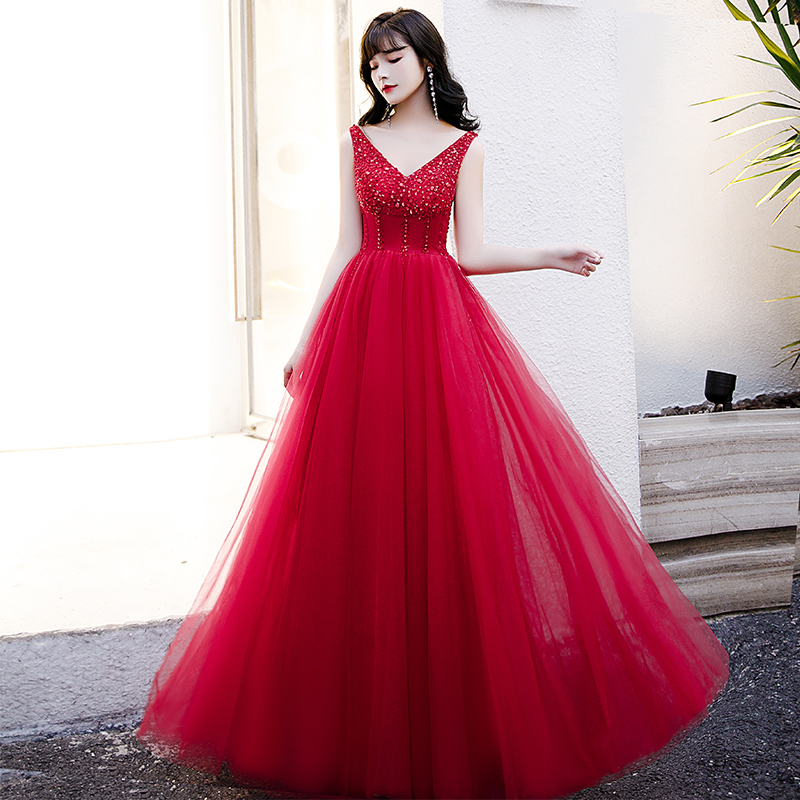 Red Tulle Beaded V-neckline A-line Long Evening Dress Formal Party Dress Red Prom Gown Sa1471