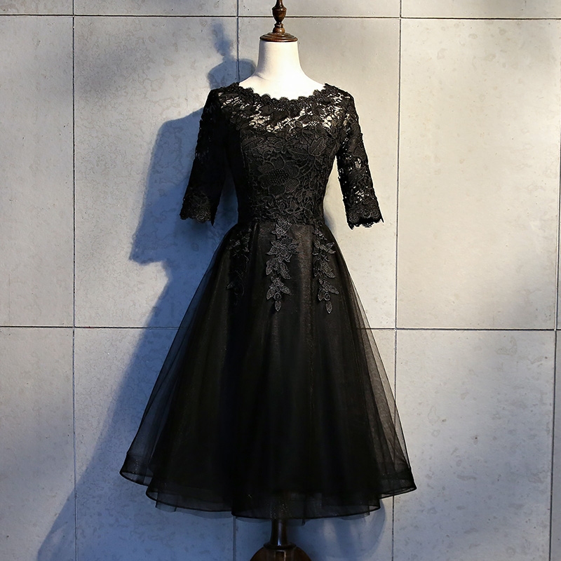 Black Lace And Tulle Short Sleeves Knee Length Homecoming Dress Formal Dress Short Prom Dresses Sa1474