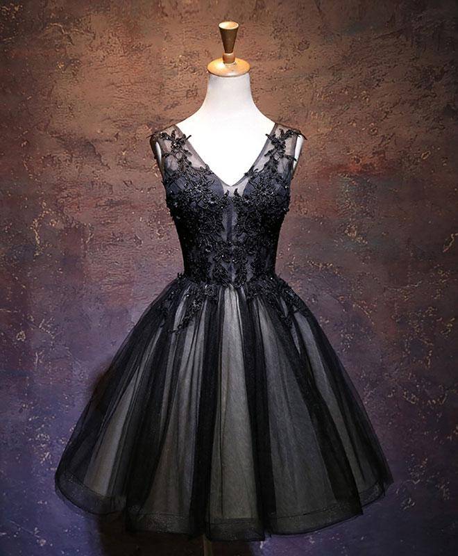 Black V Neck Lace Short Prom Dress Formal Dress Party Dress Sa1489