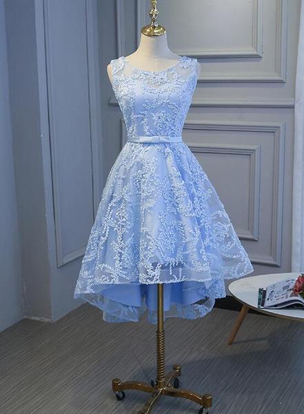Light Blue High Low Homecoming Dresses Party Dress With Belt Cute Formal Dresse Sa1495