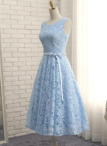 Blue Lace Tea Length Wedding Party Dress Formal Dress Cute Party Dress Sa1496
